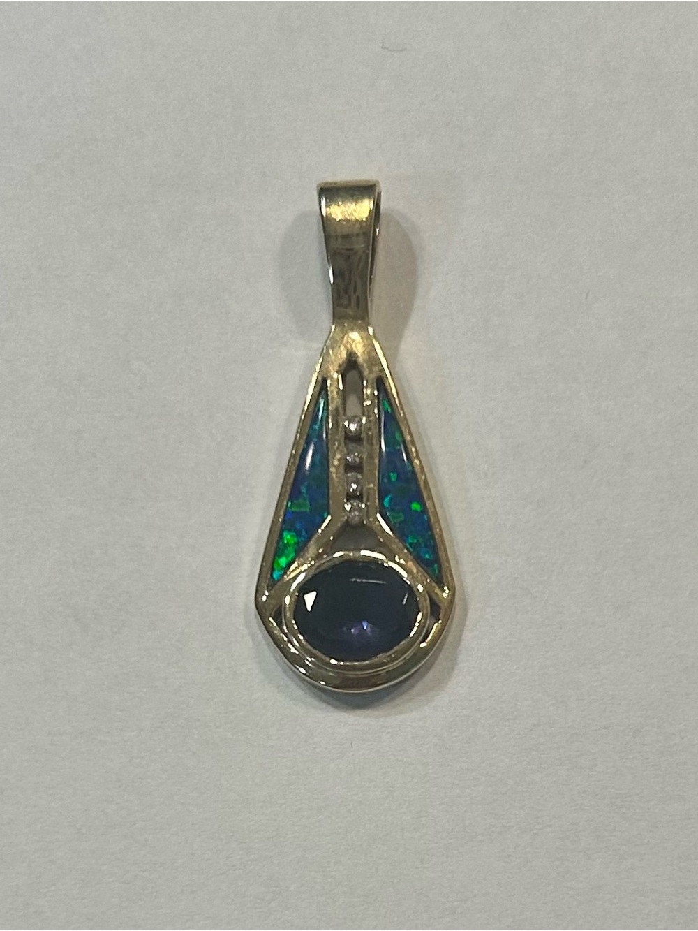 Silver Teardrop Pendant with Blue-Green Opal, Diamonds and Amethyst Stone